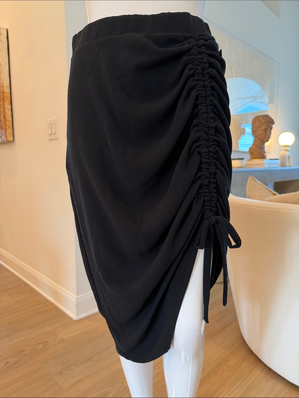 Black Ruched Side-Tie Midi Skirt